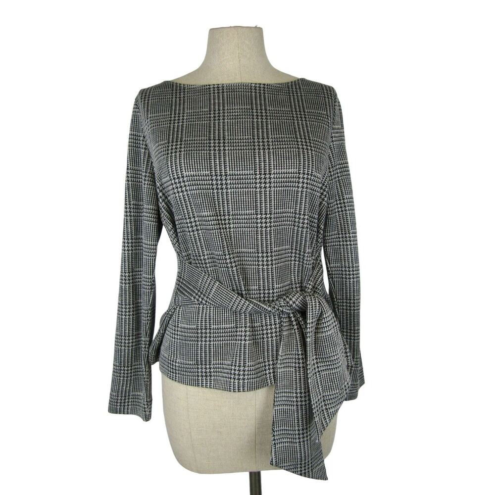 22 Octobre Women's Gray Long Sleeve Boat Neck Belted Plaid Blouse Size 38